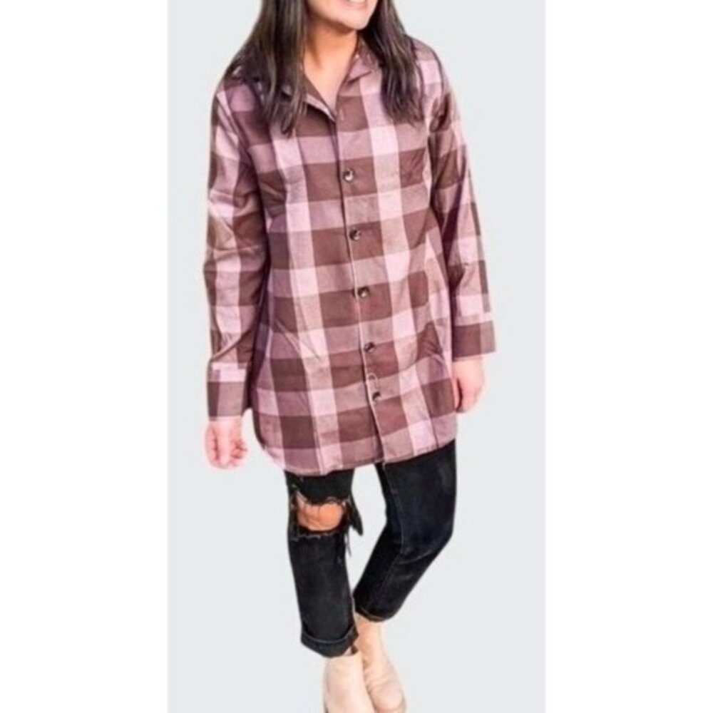 LuLaRoe Abigail Flannel Long-Sleeve Button-Up Plaid Shirt Pink/Brown Large